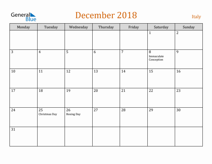 December 2018 Holiday Calendar with Monday Start