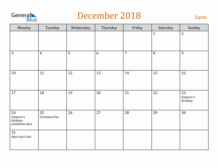 December 2018 Holiday Calendar with Monday Start