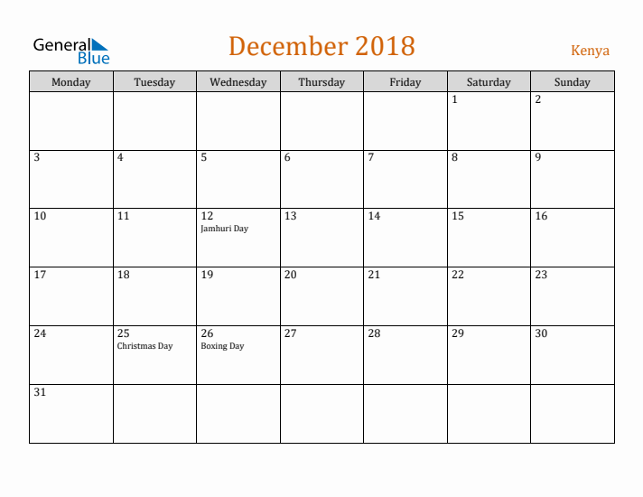 December 2018 Holiday Calendar with Monday Start