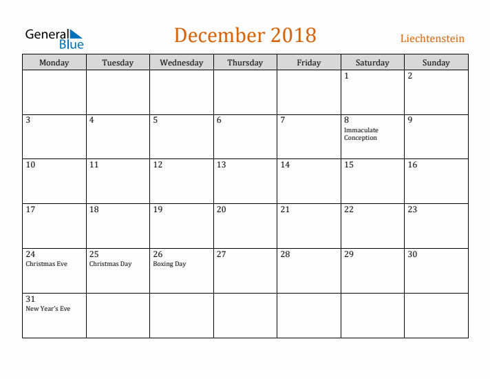 December 2018 Holiday Calendar with Monday Start