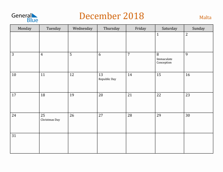 December 2018 Holiday Calendar with Monday Start