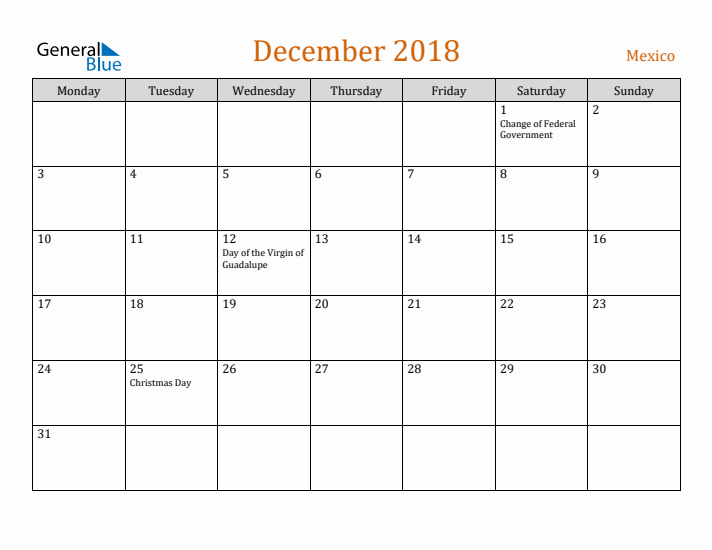 December 2018 Holiday Calendar with Monday Start