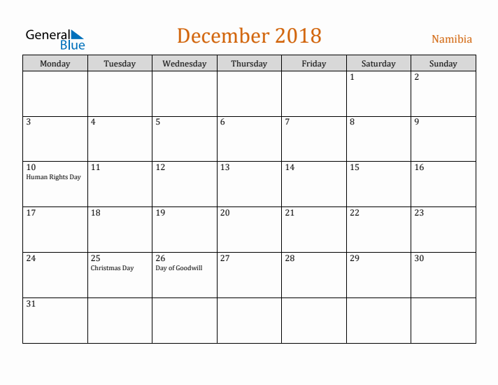 December 2018 Holiday Calendar with Monday Start