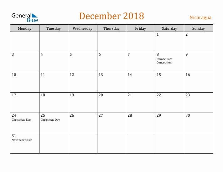 December 2018 Holiday Calendar with Monday Start