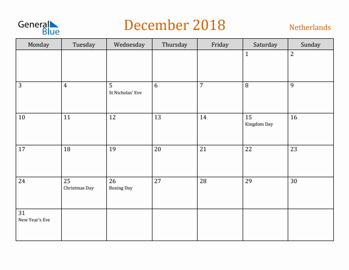 December 2018 Holiday Calendar with Monday Start