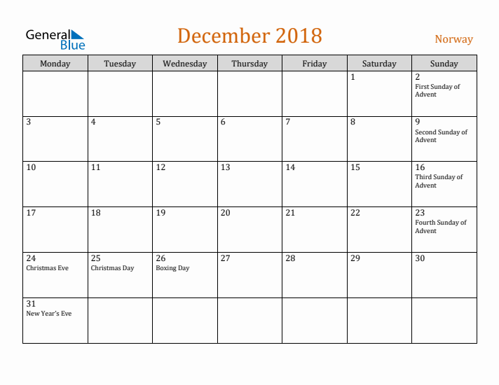 December 2018 Holiday Calendar with Monday Start