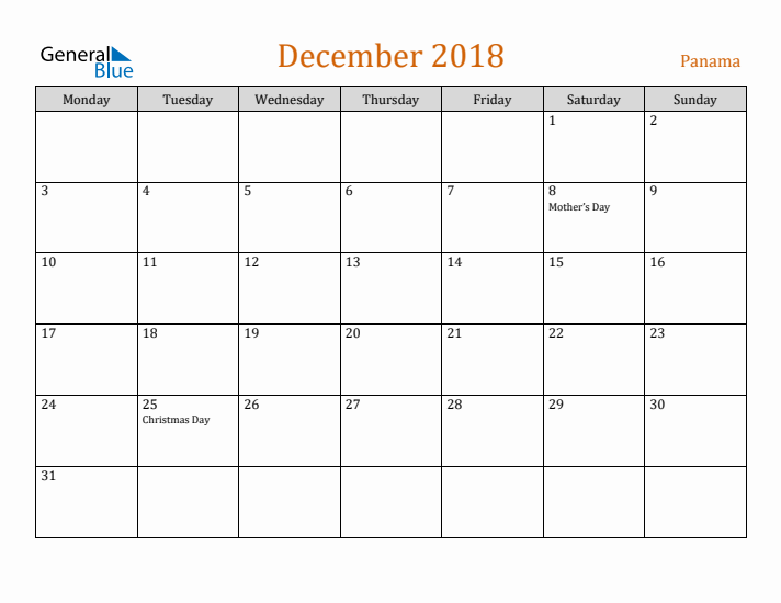 December 2018 Holiday Calendar with Monday Start