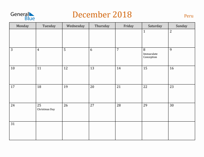 December 2018 Holiday Calendar with Monday Start