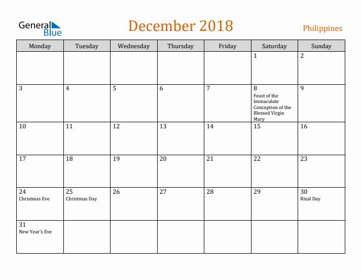 December 2018 Holiday Calendar with Monday Start