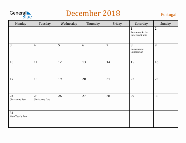 December 2018 Holiday Calendar with Monday Start