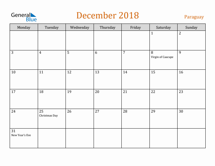 December 2018 Holiday Calendar with Monday Start