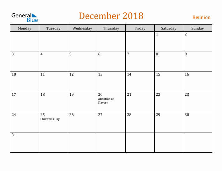 December 2018 Holiday Calendar with Monday Start