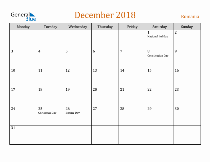 December 2018 Holiday Calendar with Monday Start