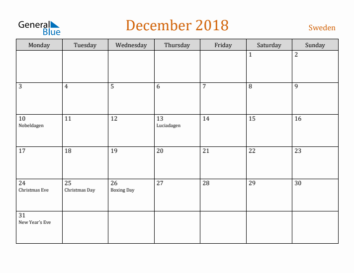 December 2018 Holiday Calendar with Monday Start