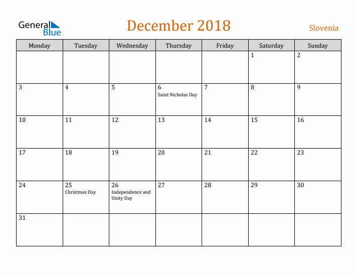 December 2018 Holiday Calendar with Monday Start