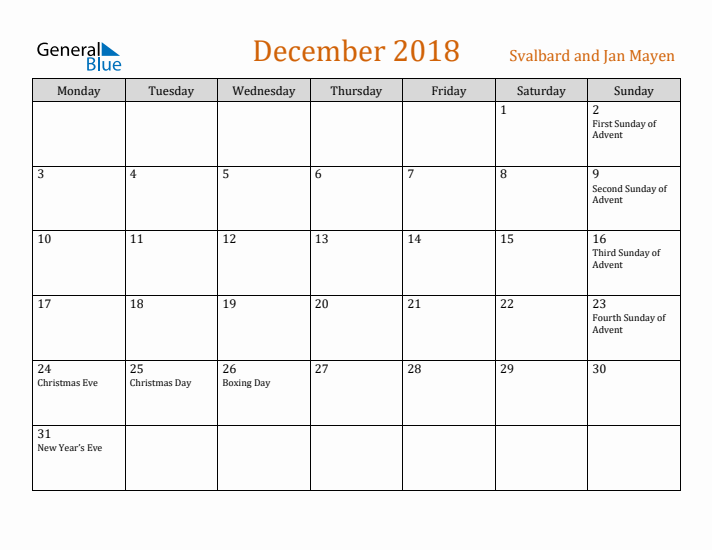 December 2018 Holiday Calendar with Monday Start