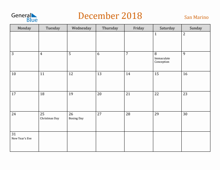 December 2018 Holiday Calendar with Monday Start