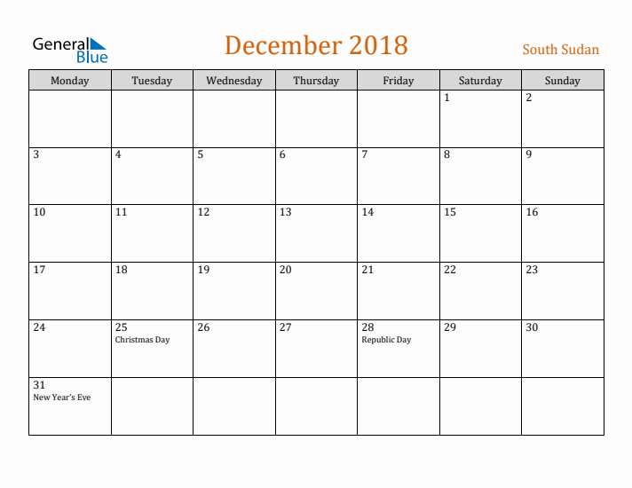 December 2018 Holiday Calendar with Monday Start