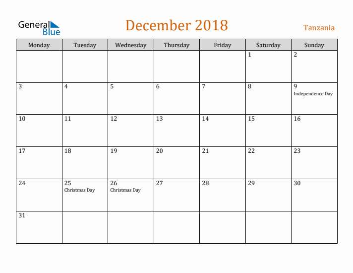 December 2018 Holiday Calendar with Monday Start