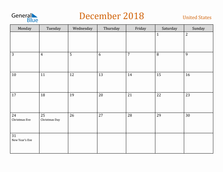 December 2018 Holiday Calendar with Monday Start