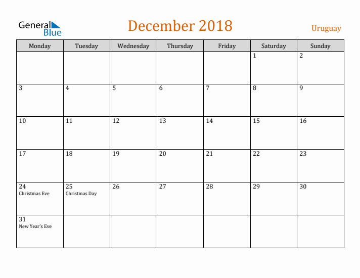 December 2018 Holiday Calendar with Monday Start