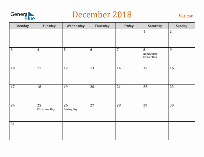 December 2018 Holiday Calendar with Monday Start