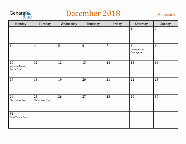 December 2018 Holiday Calendar with Monday Start