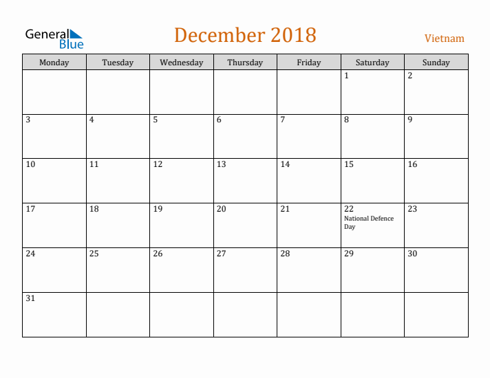 December 2018 Holiday Calendar with Monday Start