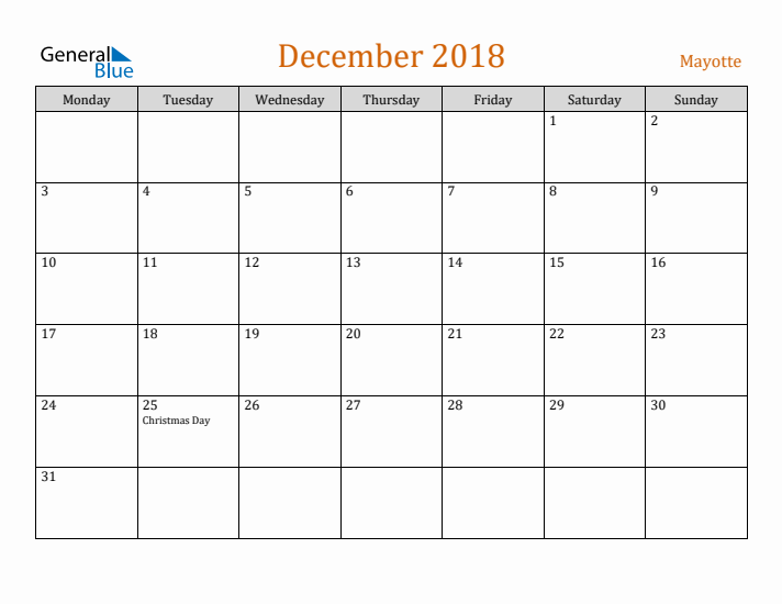 December 2018 Holiday Calendar with Monday Start