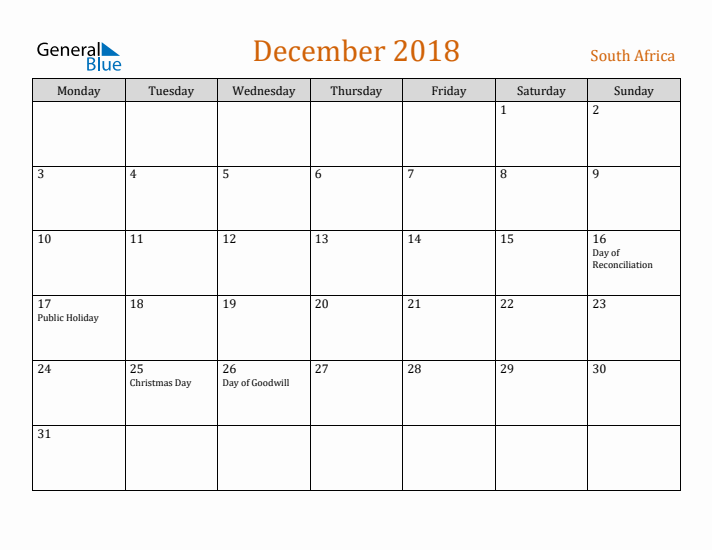 December 2018 Holiday Calendar with Monday Start