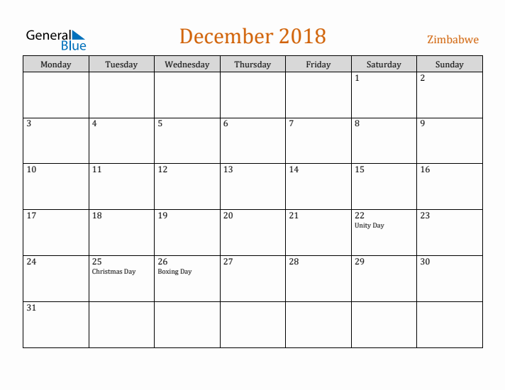 December 2018 Holiday Calendar with Monday Start