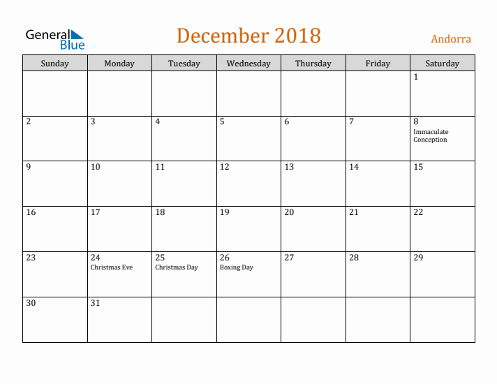 December 2018 Holiday Calendar with Sunday Start