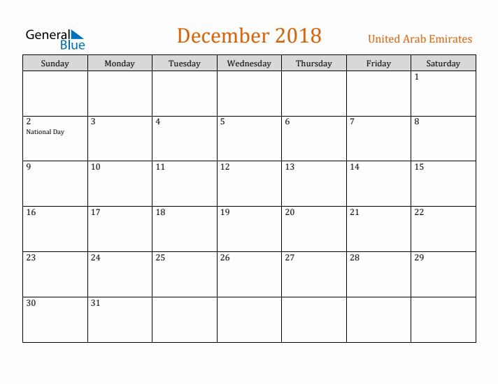 December 2018 Holiday Calendar with Sunday Start