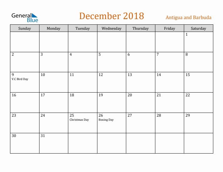 December 2018 Holiday Calendar with Sunday Start