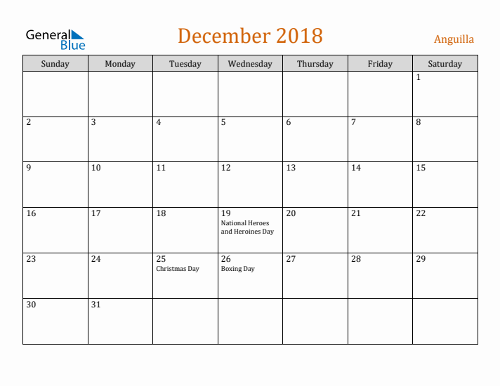 December 2018 Holiday Calendar with Sunday Start