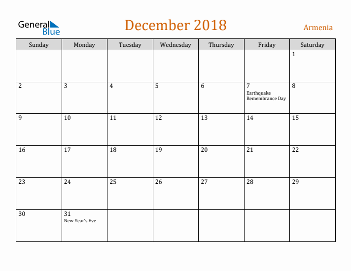 December 2018 Holiday Calendar with Sunday Start