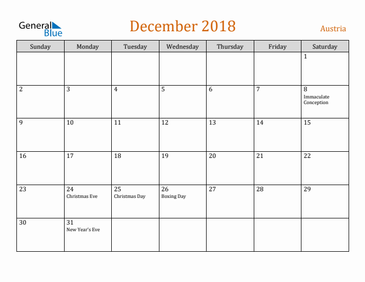 December 2018 Holiday Calendar with Sunday Start