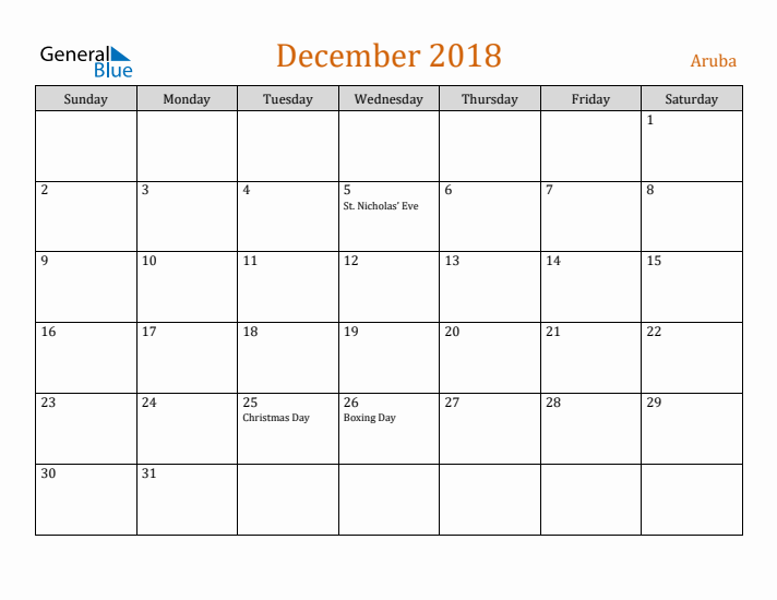 December 2018 Holiday Calendar with Sunday Start