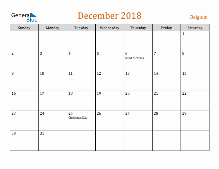 December 2018 Holiday Calendar with Sunday Start