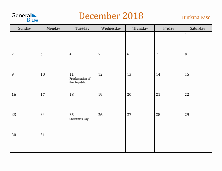 December 2018 Holiday Calendar with Sunday Start