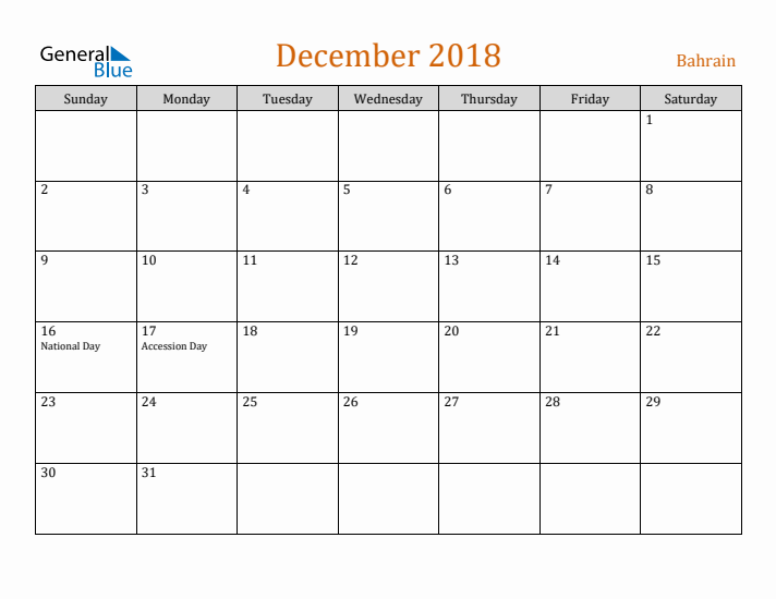 December 2018 Holiday Calendar with Sunday Start