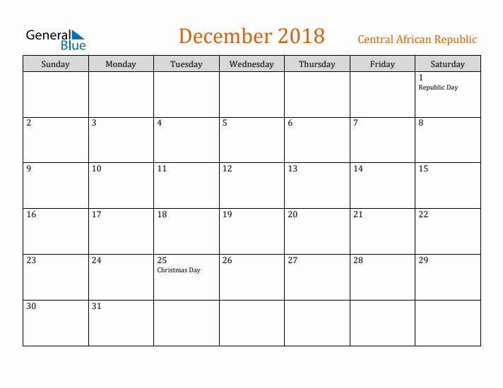 December 2018 Holiday Calendar with Sunday Start