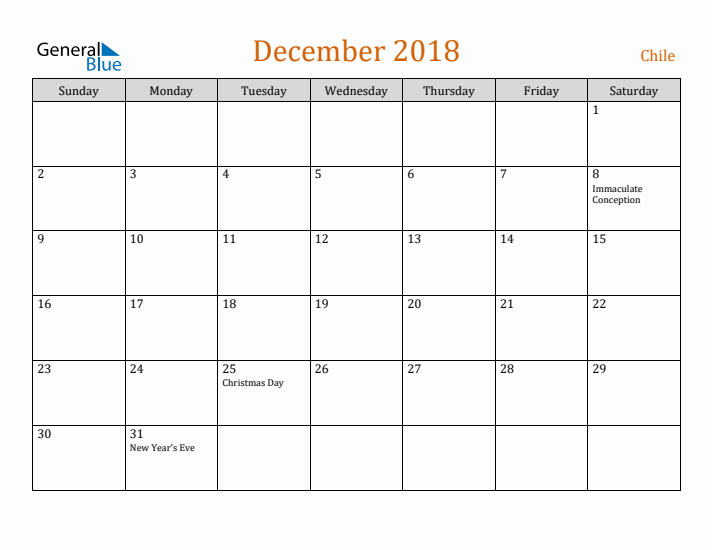 December 2018 Holiday Calendar with Sunday Start