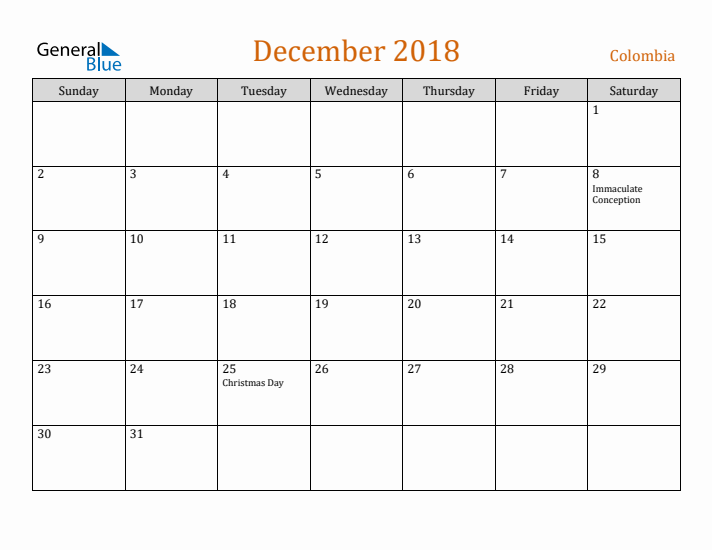 December 2018 Holiday Calendar with Sunday Start