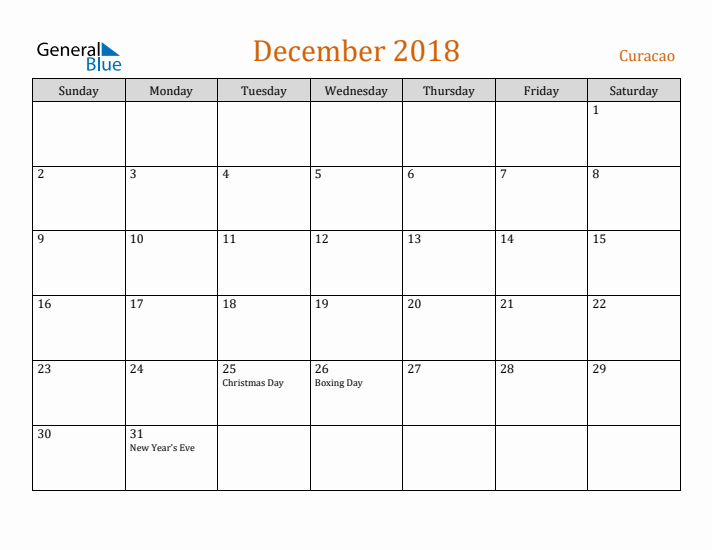 December 2018 Holiday Calendar with Sunday Start