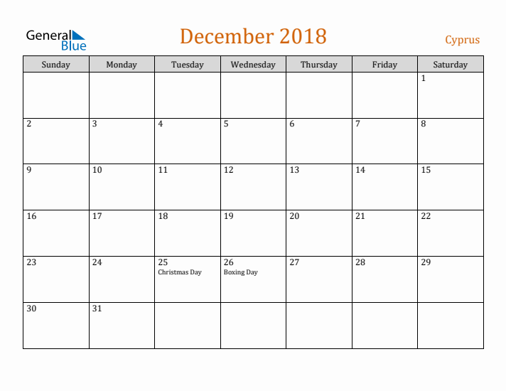 December 2018 Holiday Calendar with Sunday Start