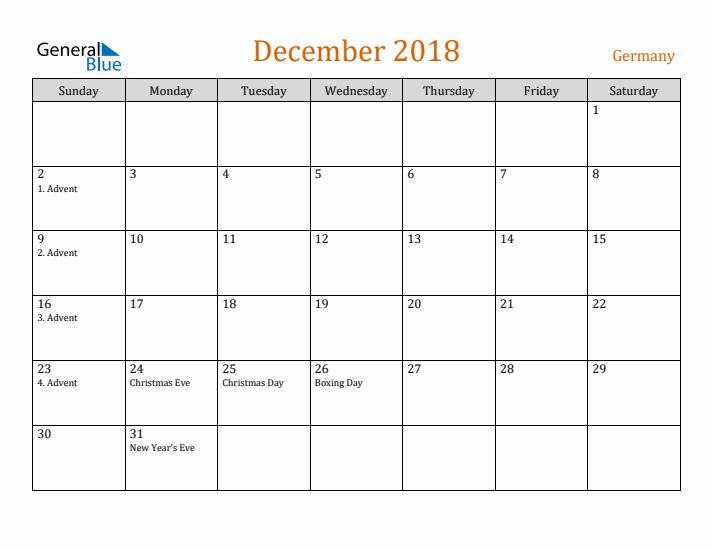 December 2018 Holiday Calendar with Sunday Start