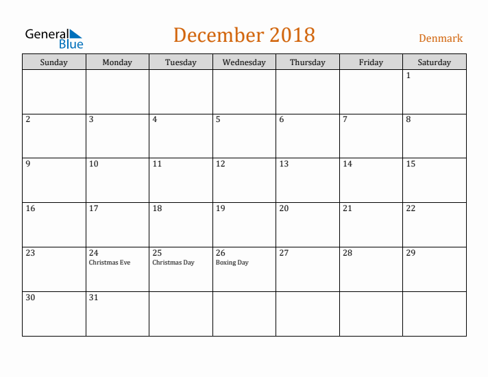 December 2018 Holiday Calendar with Sunday Start