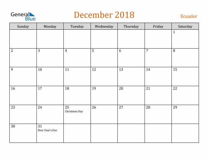 December 2018 Holiday Calendar with Sunday Start