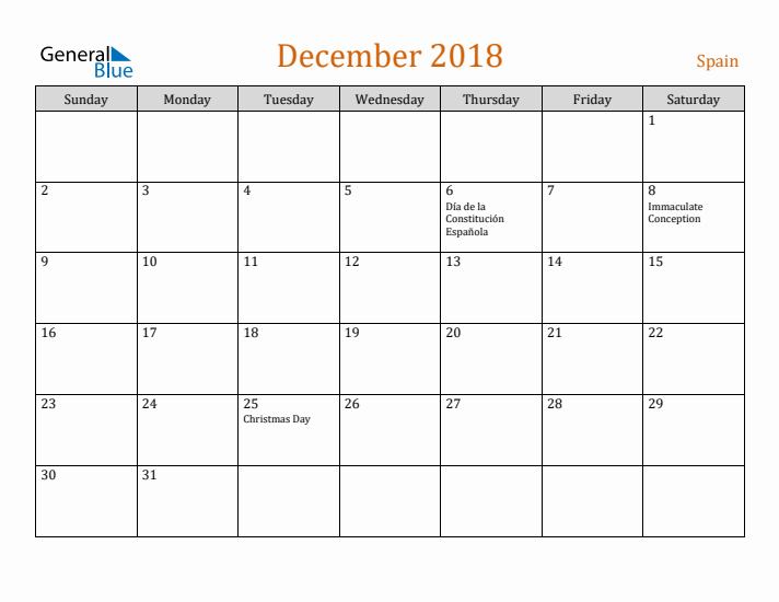 December 2018 Holiday Calendar with Sunday Start